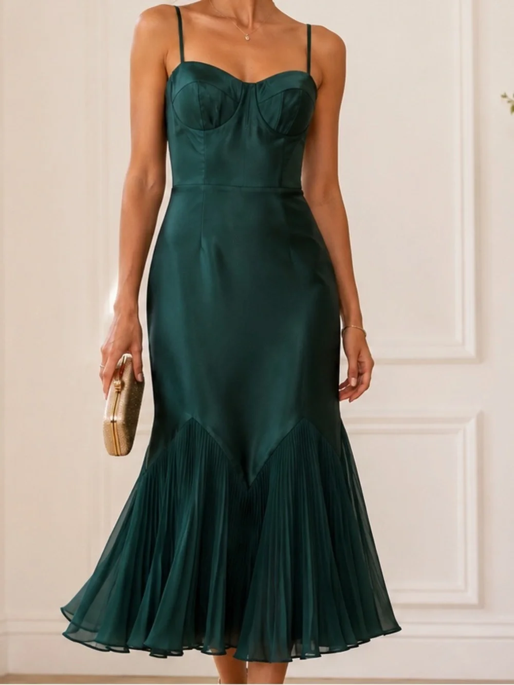 AW Bridal Dark Emerald Satin Bustier Midi Dress Size 0 NWT